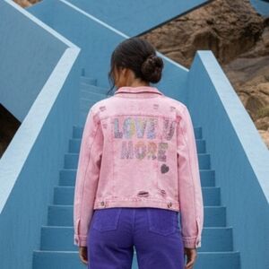 Pink Denim Jacket with Love U More Design